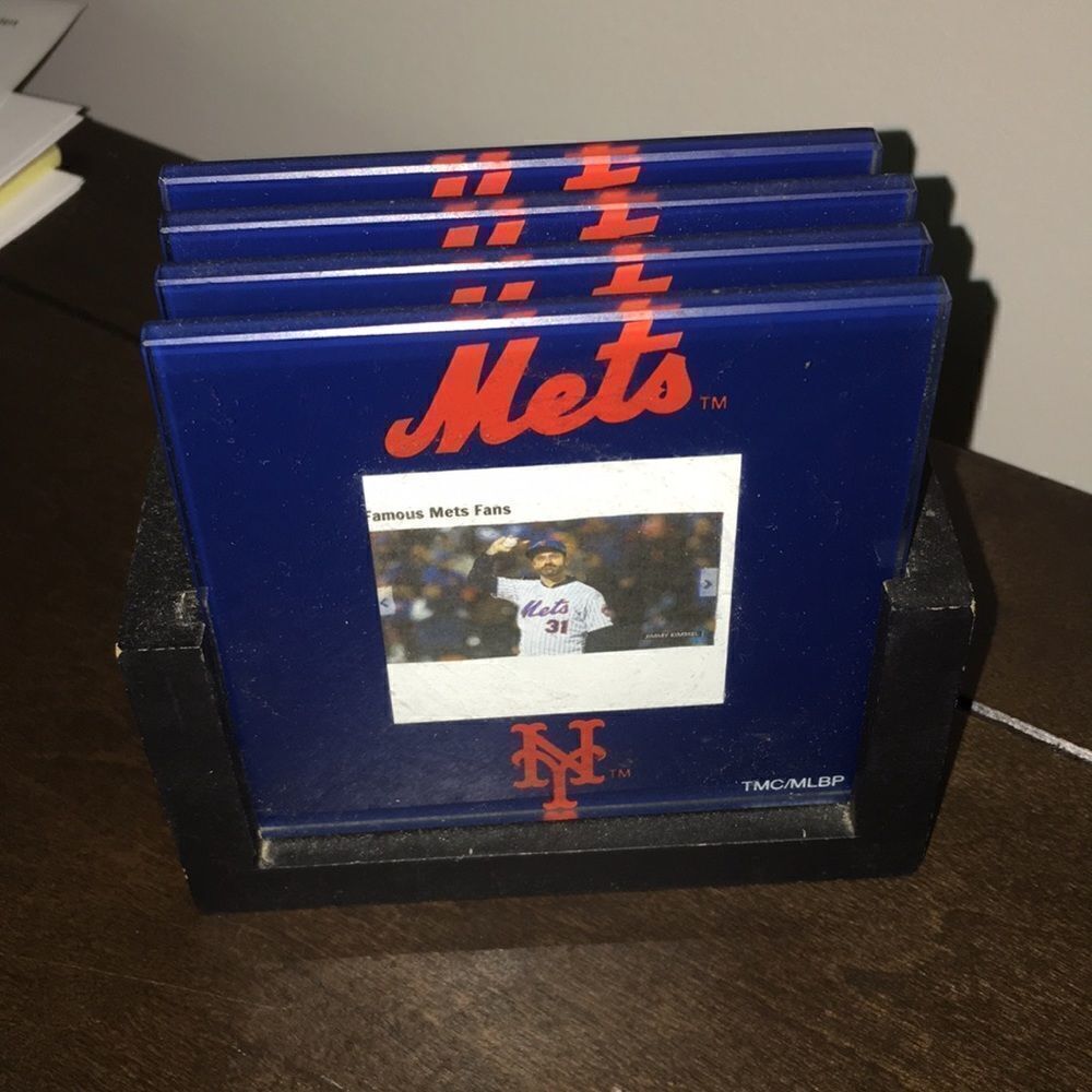 New York Mets Man cave Blue Mr Met glass retro picture drink coasters framed
